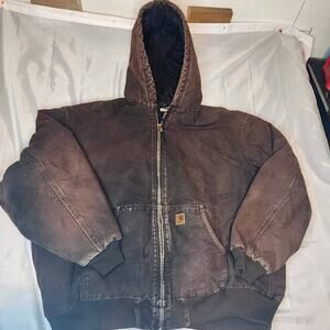 Vintage Carhartt J130 DKB Work Jacket Faded Dark Brown Quilted Size 3XL Hooded